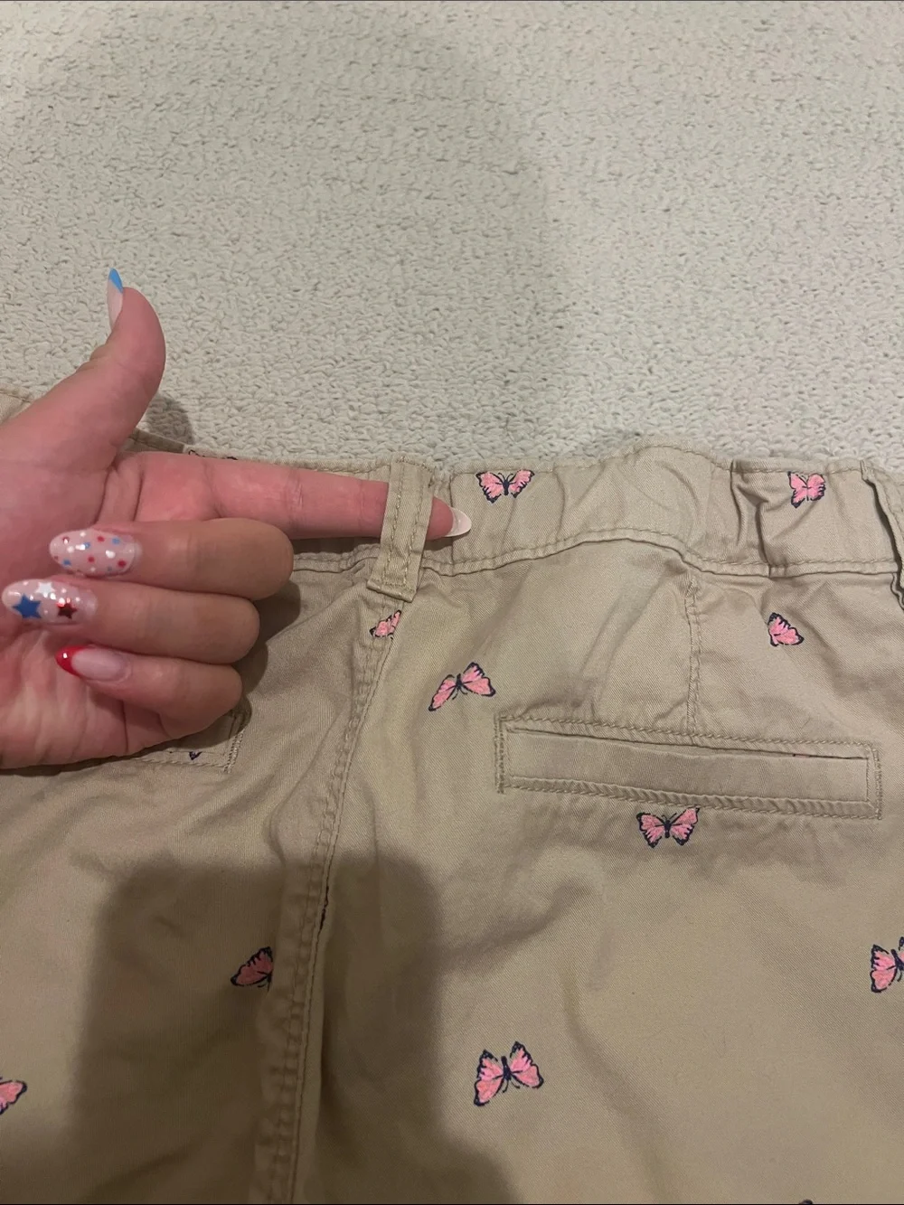 Old Navy Khaki Shorts with Pink Butterfly Embroidery